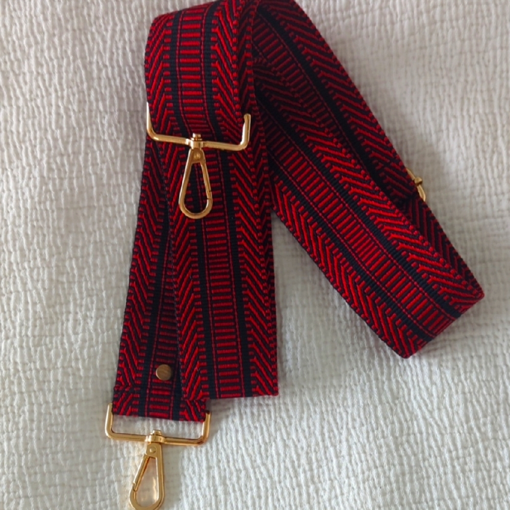 Pom Pom Of London Red and Black Adjustable Strap with Gold Hardware